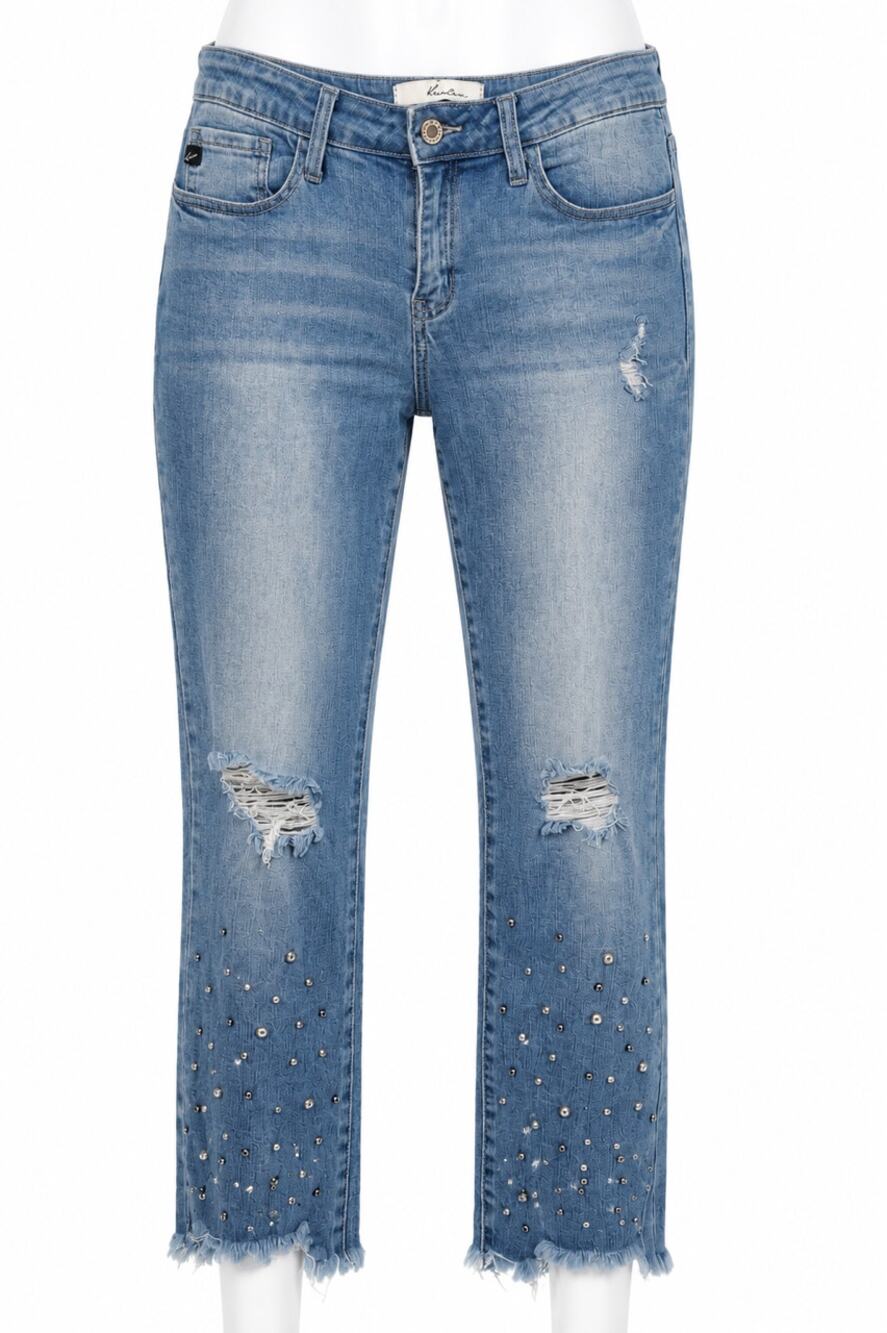 KanCan Rhinestone Distressed Capri Crop Jeans Frayed Hem Y2K Festival Size 7